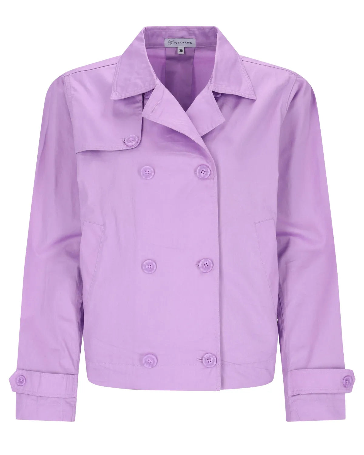 Lavendelfarbene zweireihige Jacke mit gekrempelten Ärmeln und Knopfleiste.
