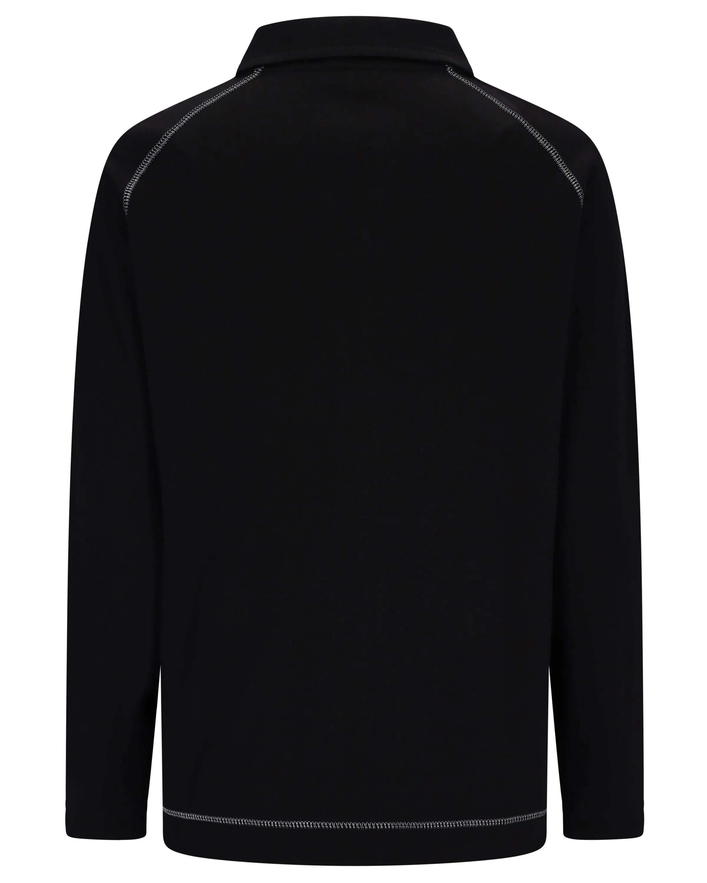 Schwarze Jacke mit Reißverschluss, Kontrastnähten und hohem Kragen.