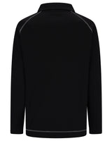 Schwarze Jacke mit Reißverschluss, Kontrastnähten und hohem Kragen.