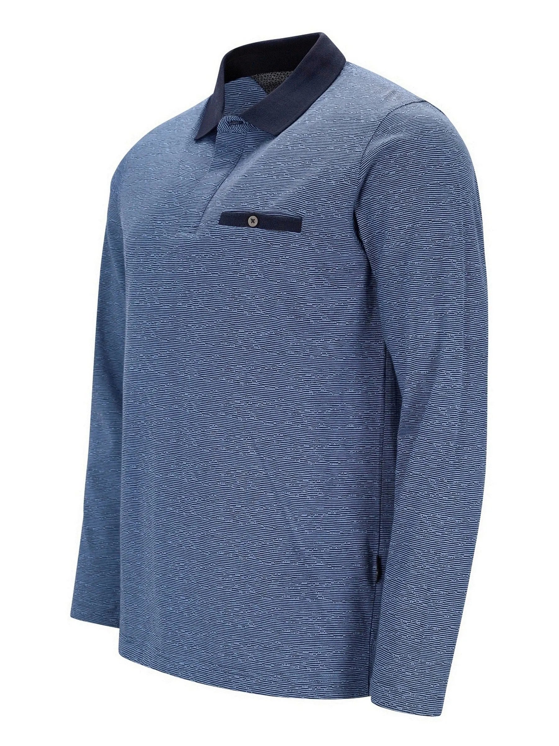 Blaues Langarm-Poloshirt mit Marineblauer Taschen- und Kragenverzierung, strukturiertes Strickdesign.