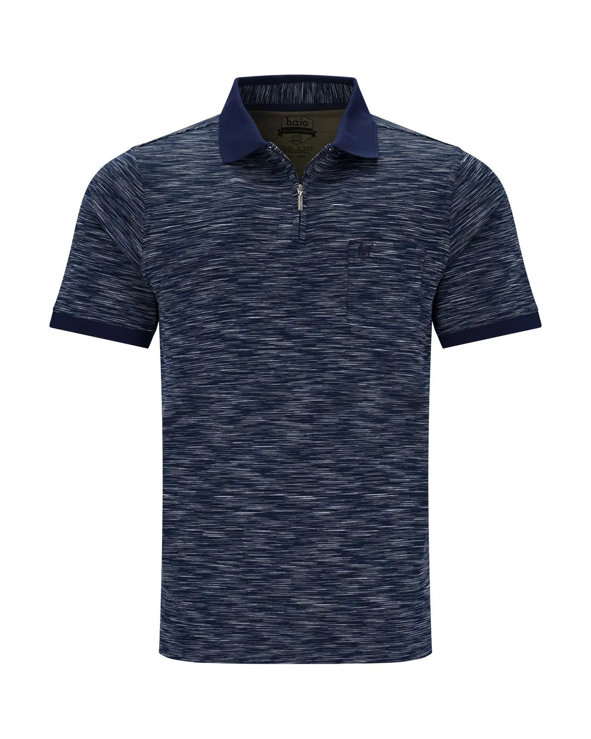 Marineblaues Poloshirt mit kurzen Ärmeln und strukturiertem Muster, aus Polyester.
