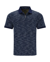 Marineblaues Poloshirt mit kurzen Ärmeln und strukturiertem Muster, aus Polyester.