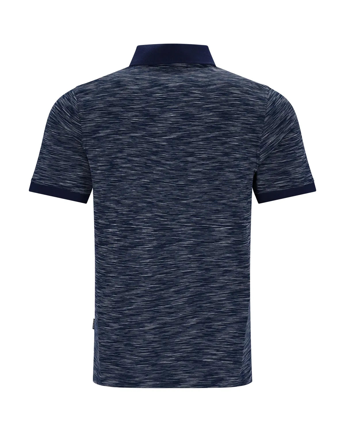 Marineblaues Poloshirt mit kurzen Ärmeln und einem strukturierten Muster, wahrscheinlich aus Baumwolle oder einem Polyestergemisch.