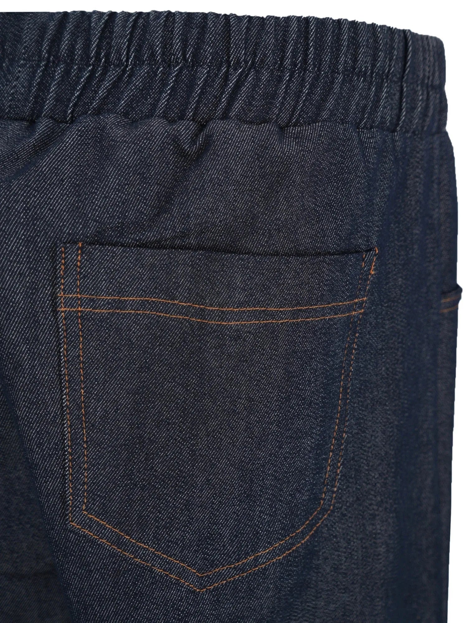 Dunkelblaue Denim-Jeans mit elastischem Bund und Taschen.