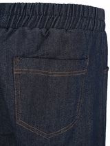 Dunkelblaue Denim-Jeans mit elastischem Bund und Taschen.