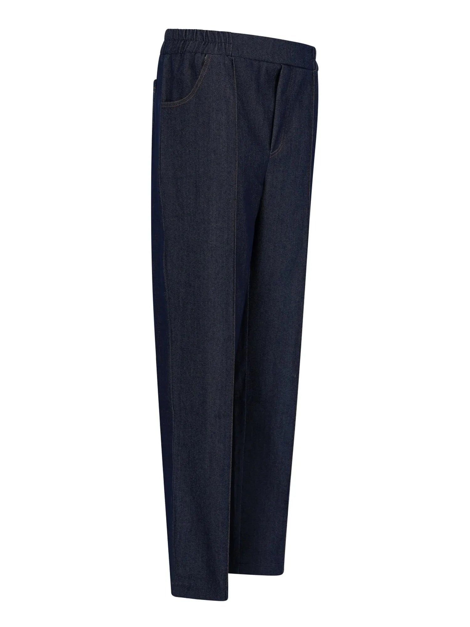 Marineblaue Anzughosen mit Bügelfalten und Taschen, wahrscheinlich aus Baumwolle oder Polyester-Mischung gefertigt.