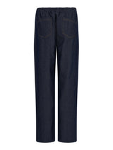 Marineblaue elastische Bundhose mit Taschen und geradem Bein.