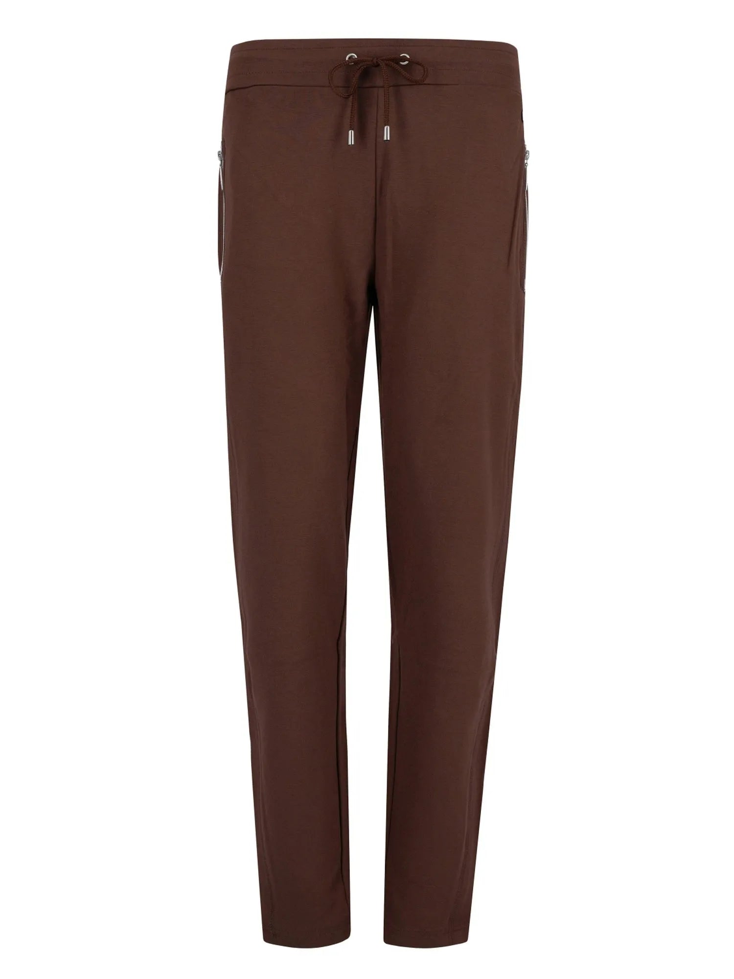 Braune Slim-Fit-Bundhose mit Kordelzug, Seitentaschen und Reißverschlussdetails.