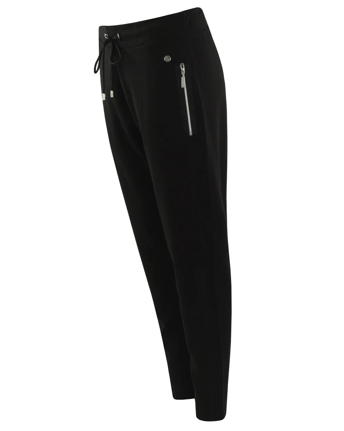 Schwarze Jogginghose mit Reißverschluss, Kordelzug in der Taille und Seitentaschen.