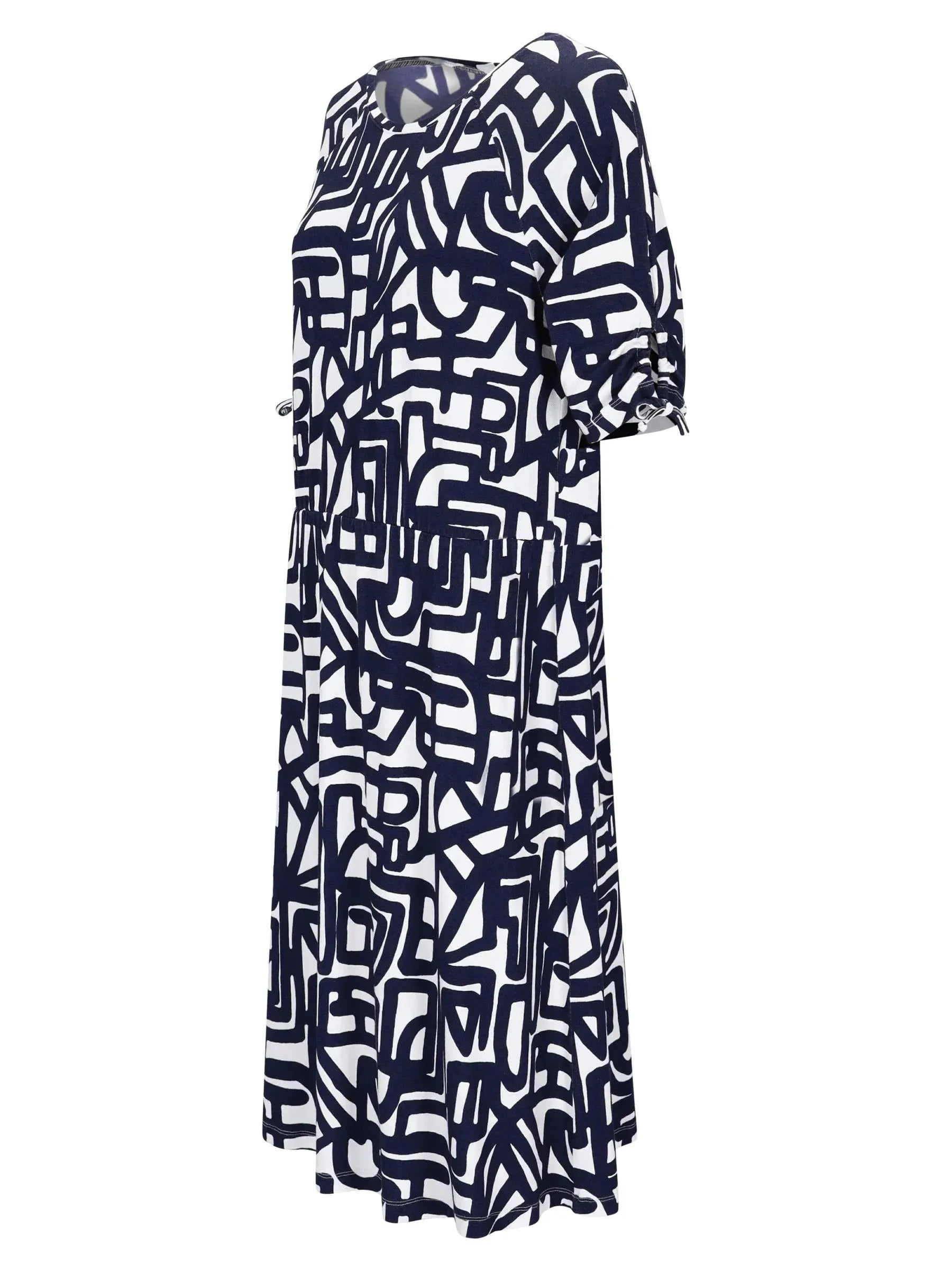 Jersey Kleid 1/2 Arm: fließendes weißes und navyblaues abstraktes Maxi-Kleid