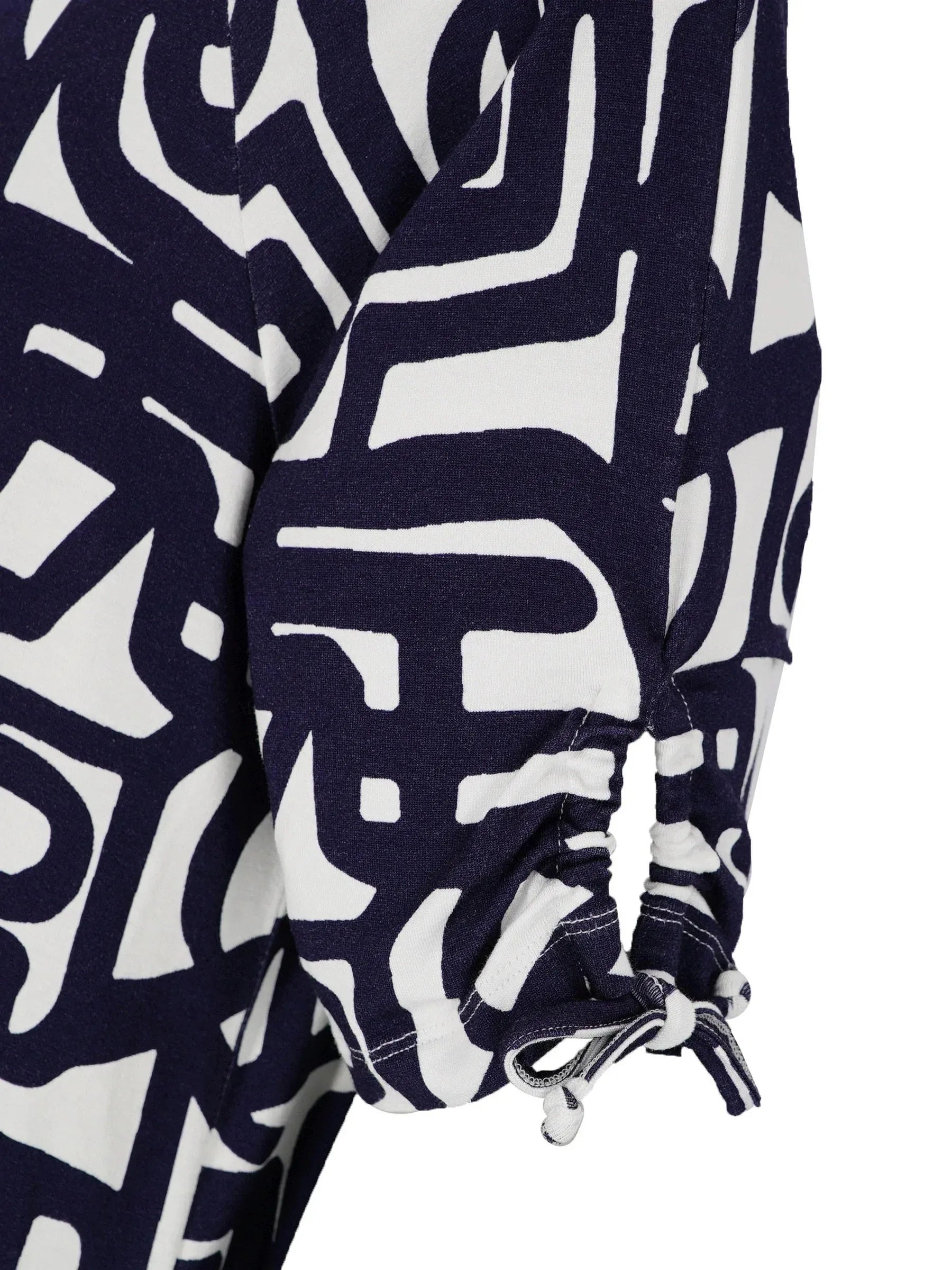 Jersey Kleid 1/2 Arm: Marineblaue-weiße abstrakte Geometrieärmel mit geraffter Kordelzacke