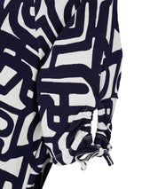 Jersey Kleid 1/2 Arm: Marineblaue-weiße abstrakte Geometrieärmel mit geraffter Kordelzacke