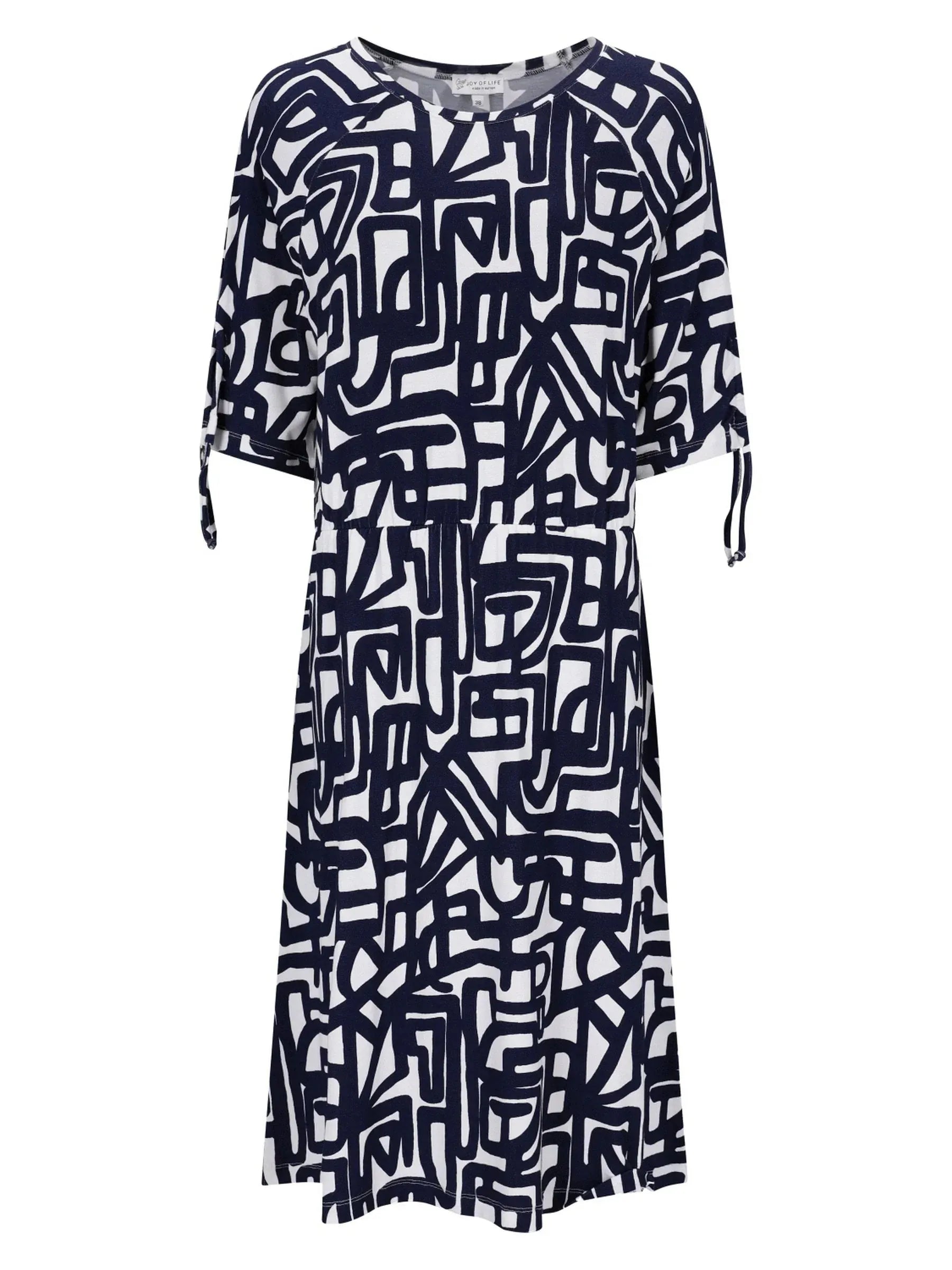 Navy-weiße abstrakte geometrische Jersey-Kleid 1/2 Arm mit 3/4-Ärmeln und Bindesaum