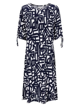 Navy-weiße abstrakte geometrische Jersey-Kleid 1/2 Arm mit 3/4-Ärmeln und Bindesaum
