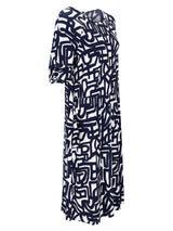 Jersey Kleid 1/2 Arm: fließendes Navy-Weiß-Musterkleid mit 3/4-Ärmeln