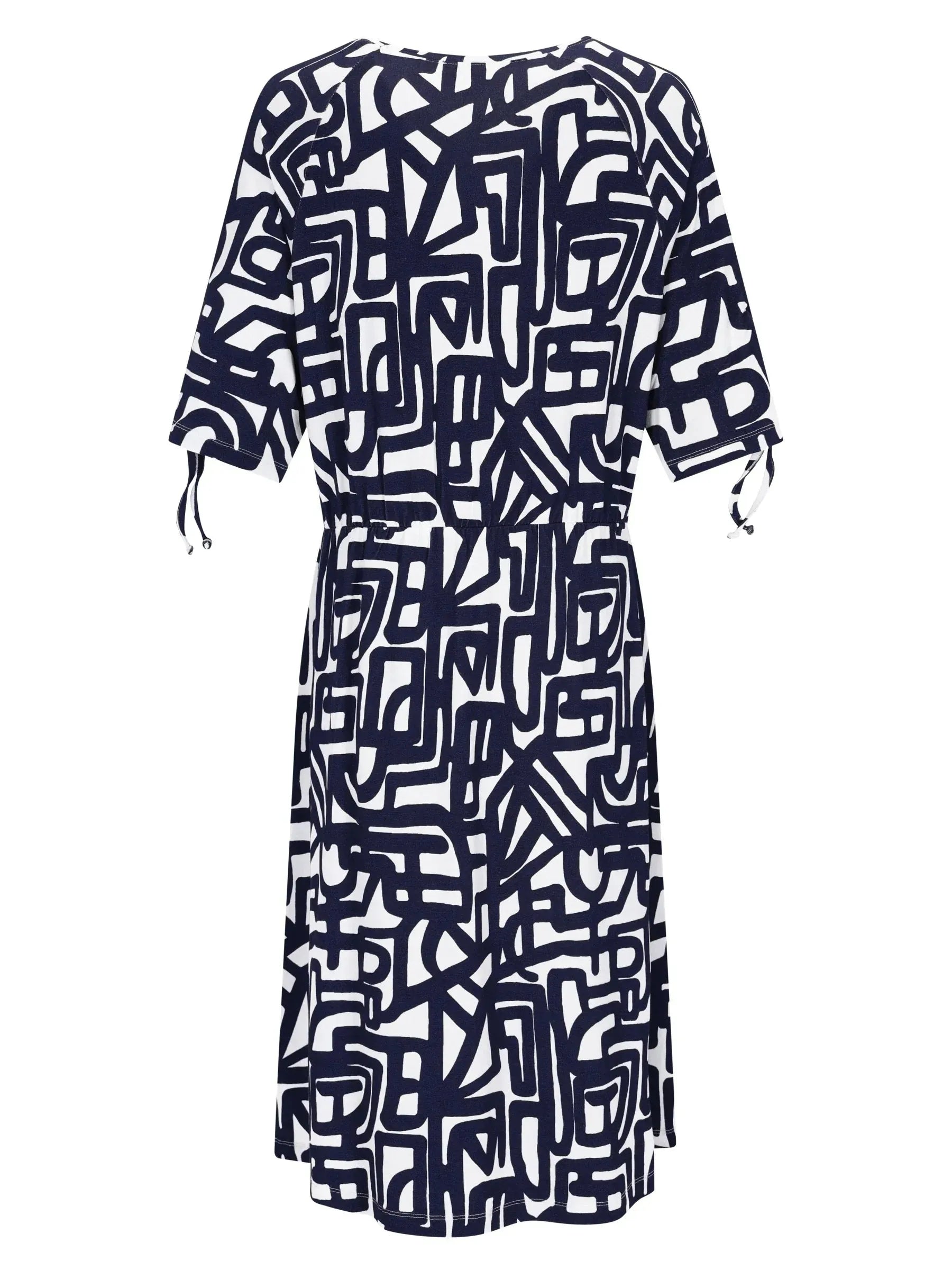 Jersey Kleid 1/2 Arm: marine-weiße abstrakte geometrische Print, 3/4-Ärmel, Bindeseiten