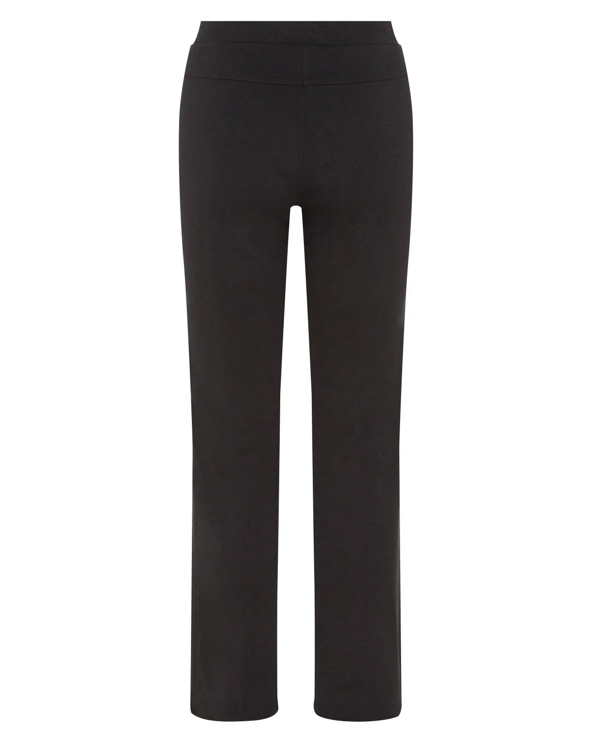 Schwarze dehnbaren Yoga-Hosen mit hohem Bund und geradem Beinform.