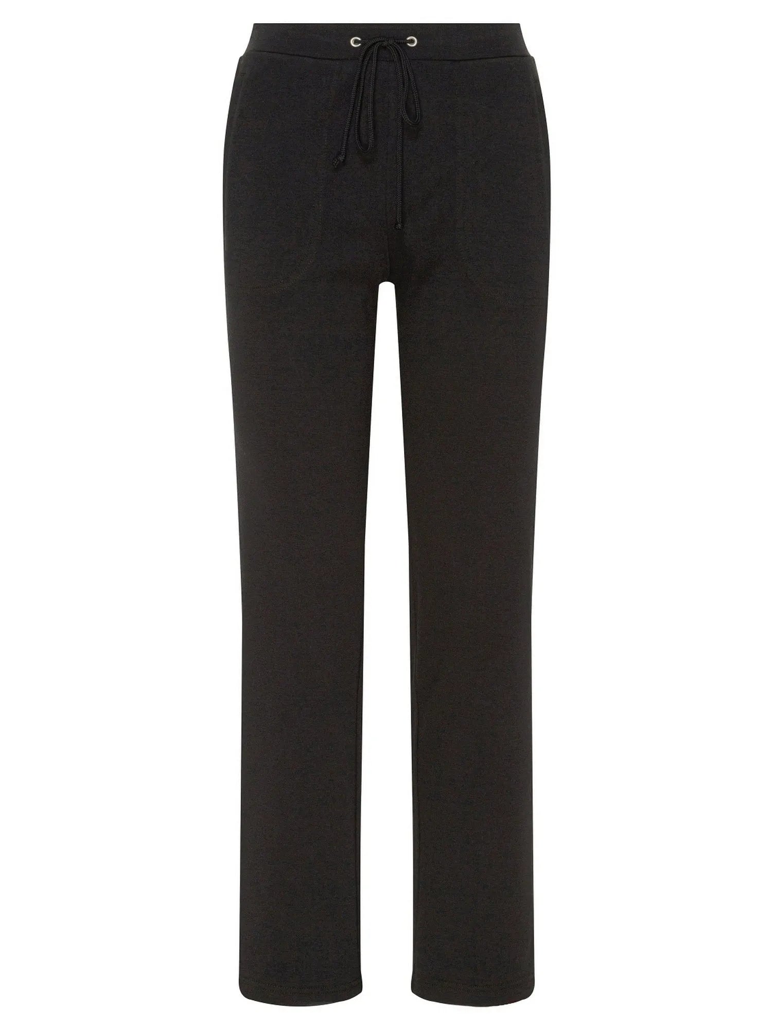 Schwarze gerade Bein-Hosen mit Kordelbund und Knopfleiste, wahrscheinlich aus Baumwolle oder Polyester-Mischung gefertigt.