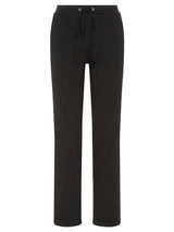 Schwarze gerade Bein-Hosen mit Kordelbund und Knopfleiste, wahrscheinlich aus Baumwolle oder Polyester-Mischung gefertigt.