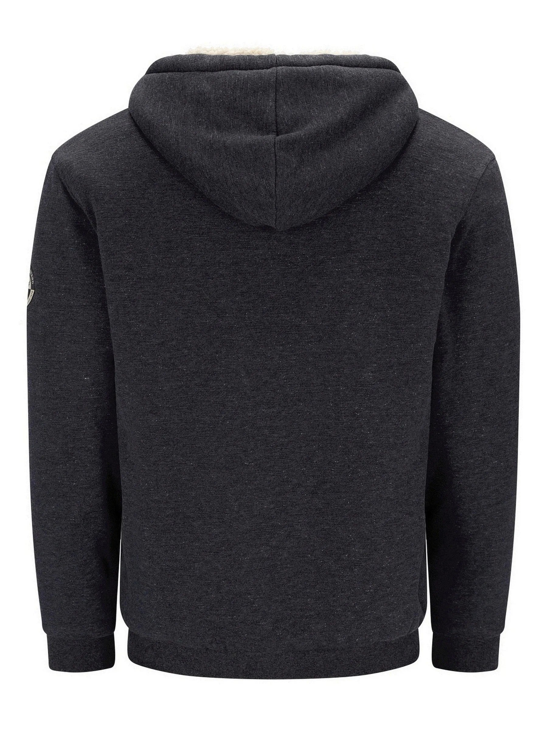 Schwarze texturierte Kapuzenjacke mit Kapuze und Kordelzügen, wahrscheinlich aus Baumwolle oder einem Polyester-Mischgewebe gefertigt.