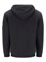Schwarze texturierte Kapuzenjacke mit Kapuze und Kordelzügen, wahrscheinlich aus Baumwolle oder einem Polyester-Mischgewebe gefertigt.