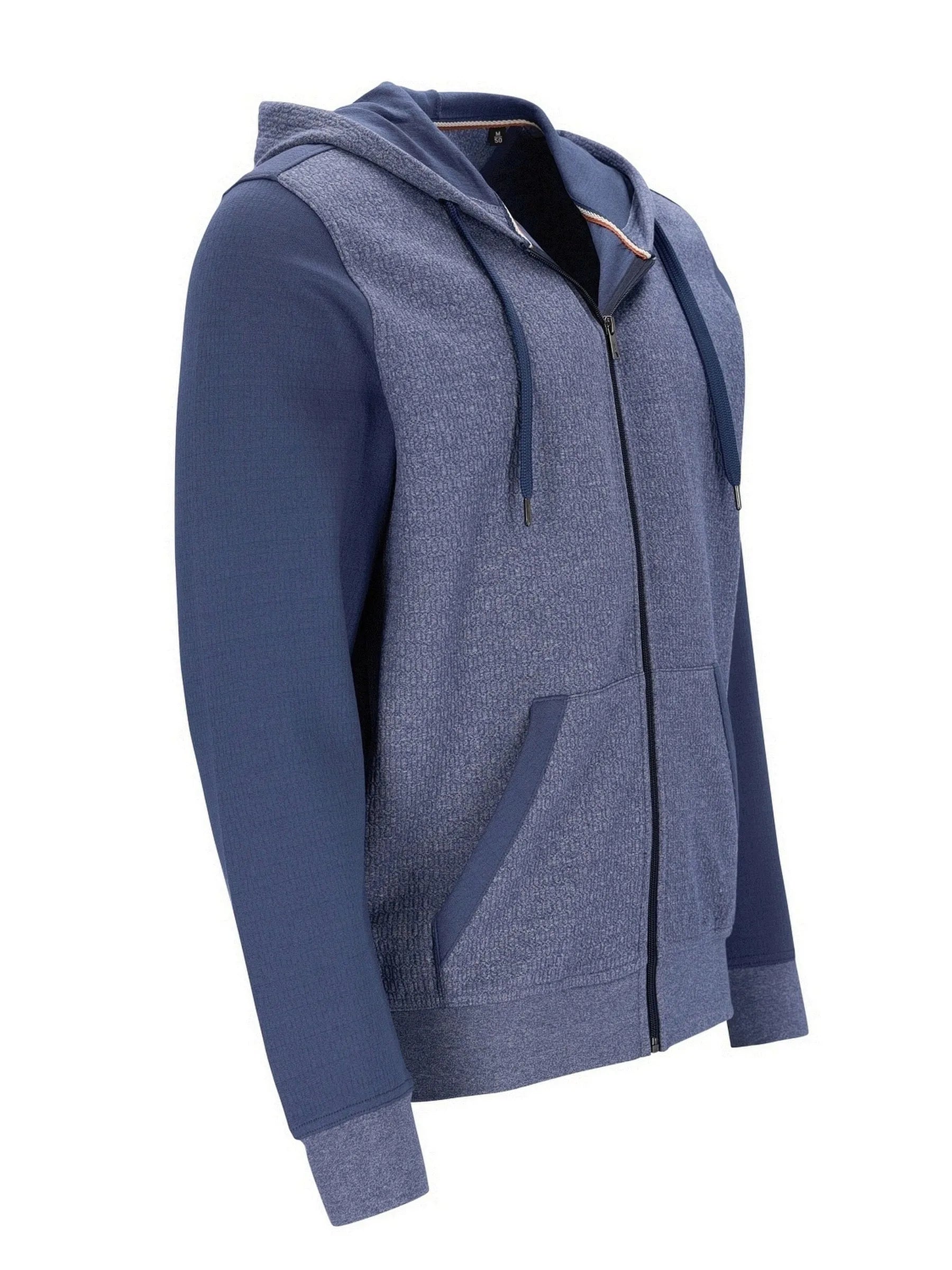 Marineblaues Kapuzen-Sweatshirt mit Reißverschluss, texturiertem Muster und Kapuze.