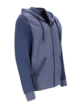 Marineblaues Kapuzen-Sweatshirt mit Reißverschluss, texturiertem Muster und Kapuze.