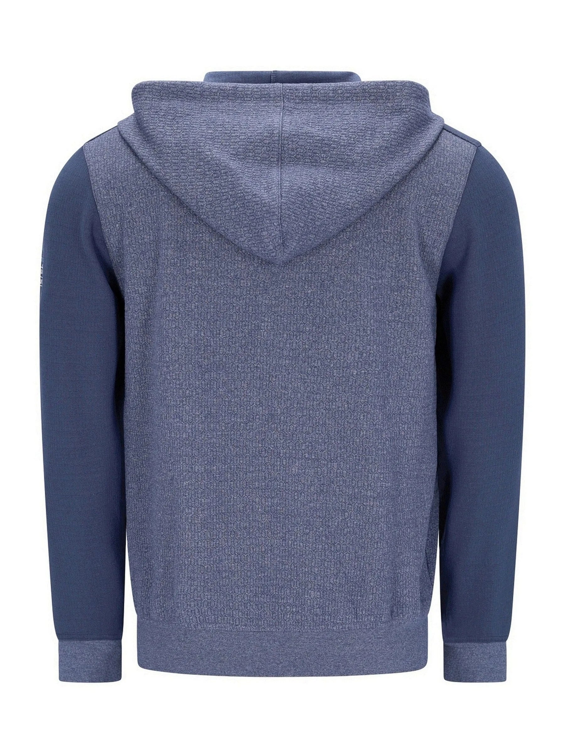 Marineblaue und graue Kapuzenjacke mit texturiertem Strickdesign.