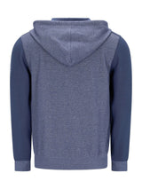 Marineblaue und graue Kapuzenjacke mit texturiertem Strickdesign.