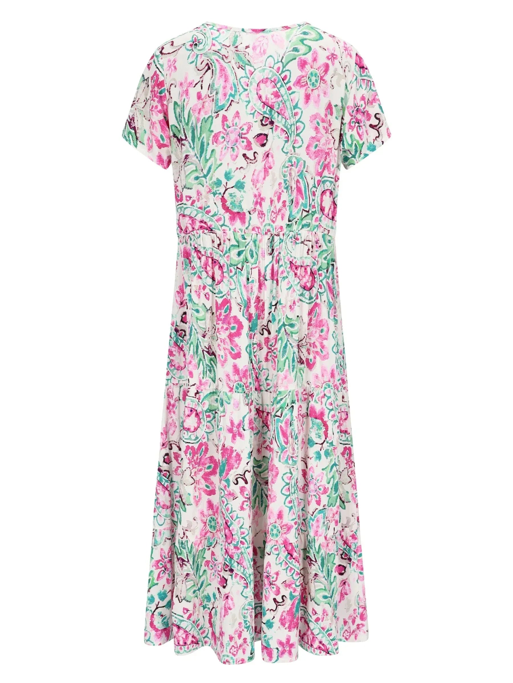 Kleid 1/2 Arm Webware: Fließendes Midi-Kleid mit kurzen Ärmeln in pink-grünem Blumenmuster