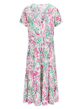 Kleid 1/2 Arm Webware: Fließendes Midi-Kleid mit kurzen Ärmeln in pink-grünem Blumenmuster
