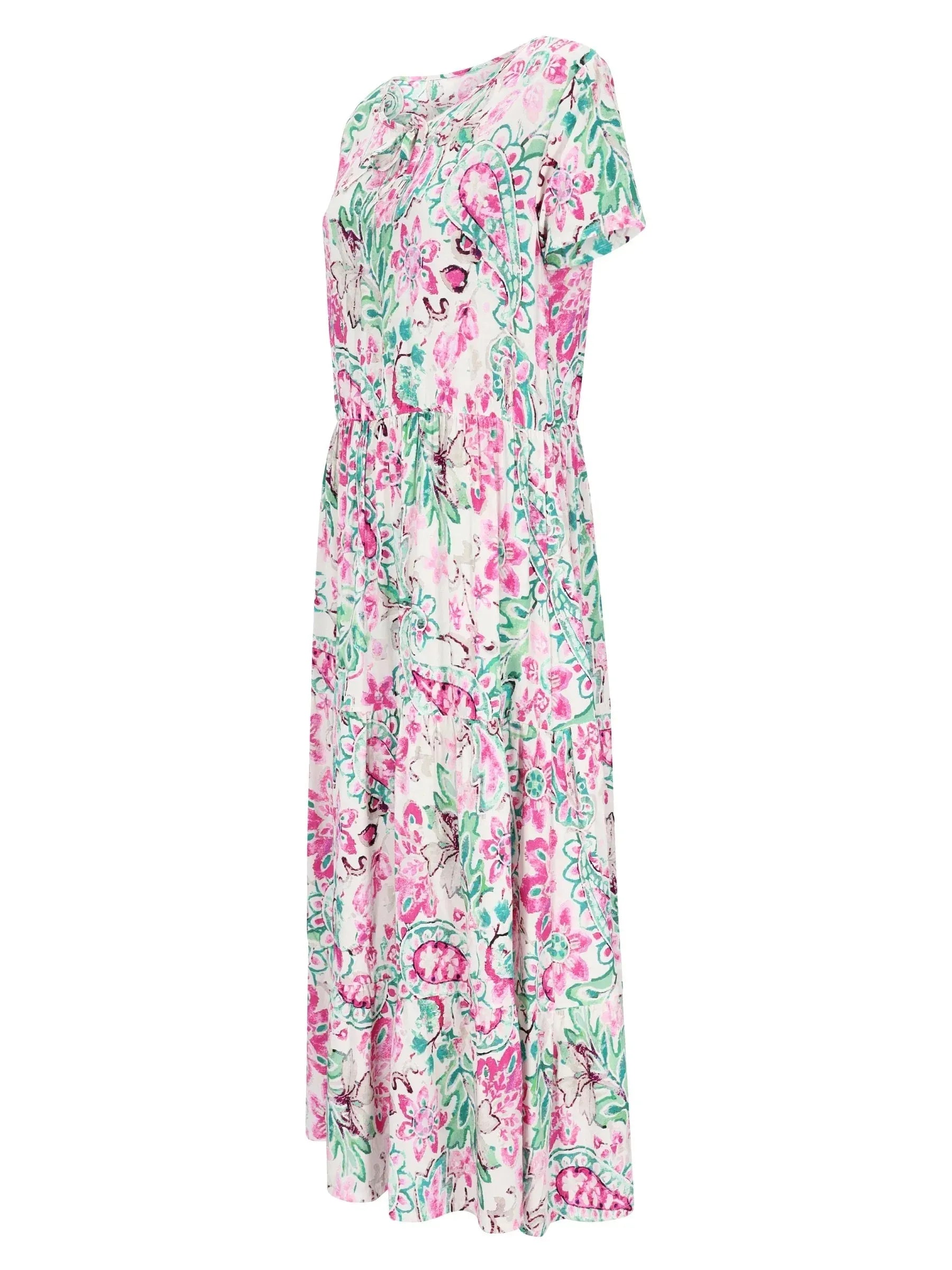 Fließendes ärmelloses Midi-Kleid Kleid 1/2 Arm Webware in pink-grünem Blumenmuster