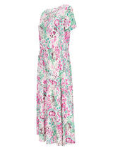 Fließendes ärmelloses Midi-Kleid Kleid 1/2 Arm Webware in pink-grünem Blumenmuster