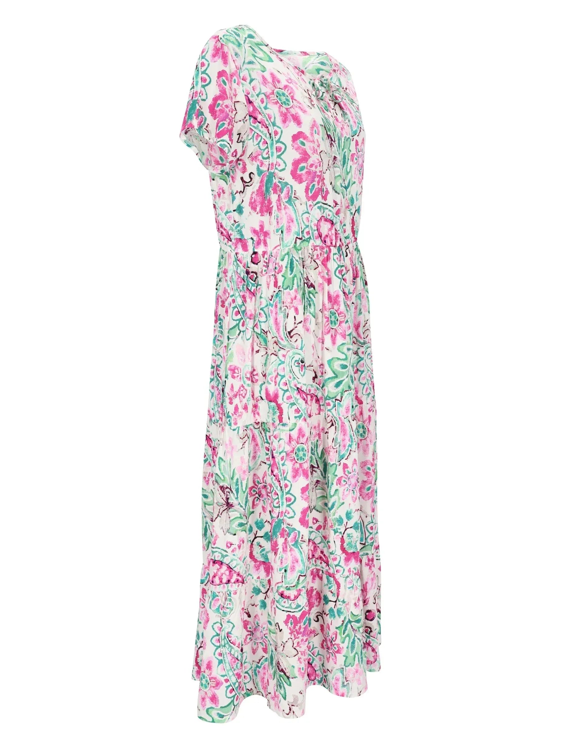Kleid 1/2 Arm Webware: fließendes ärmelloses Maxikleid in pink-grünem Blumenmuster mit Rüschen
