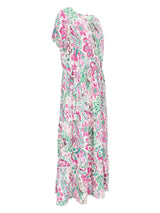 Kleid 1/2 Arm Webware: fließendes ärmelloses Maxikleid in pink-grünem Blumenmuster mit Rüschen