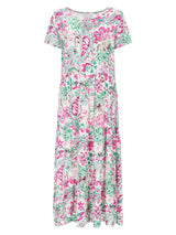 Kleid 1/2 Arm Webware: Midi-Kleid mit kurzen Ärmeln in pink-grünem Blumenpaisley