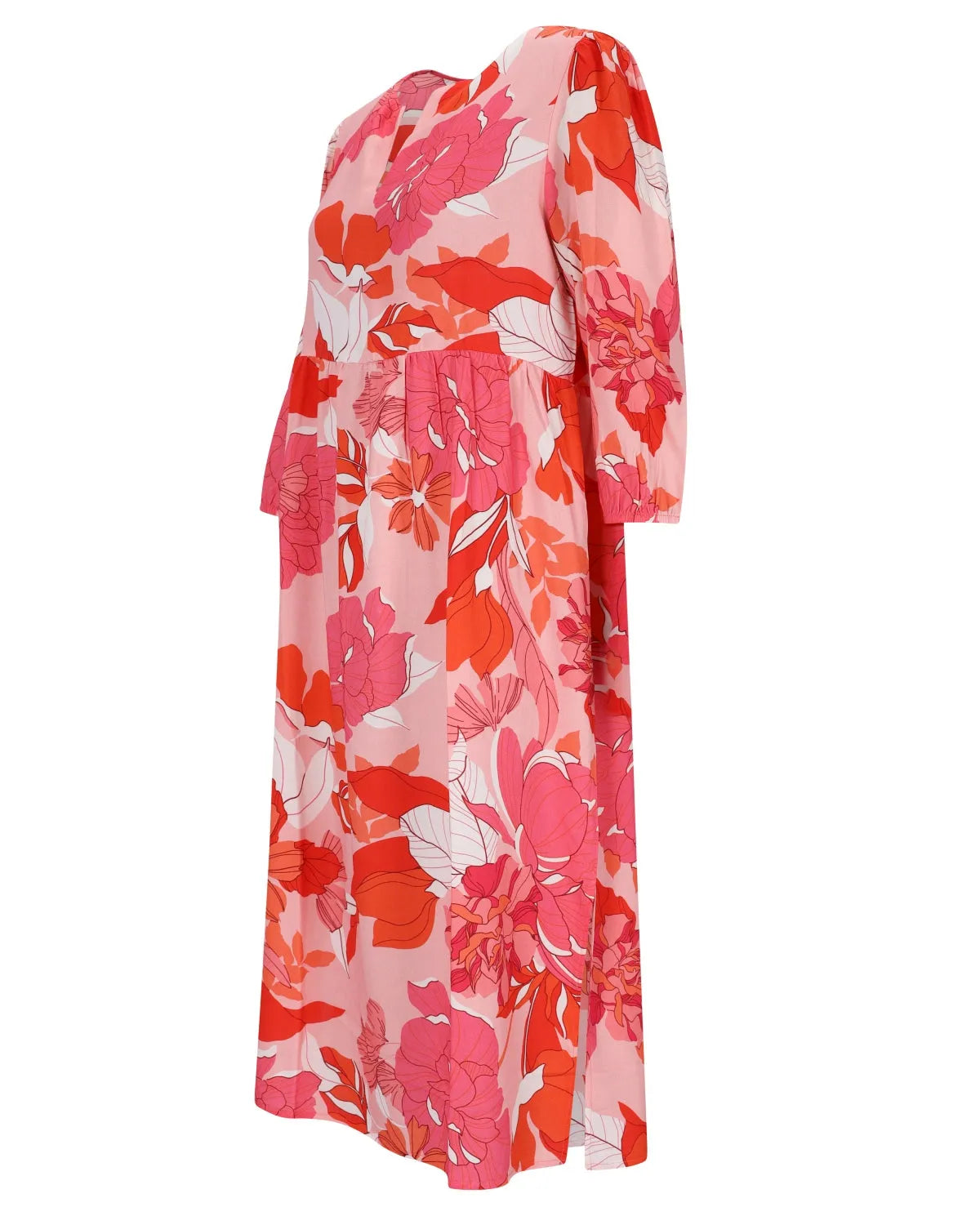 Wickelkleid mit Blumendruck in Rosa und Orange mit gerafften Ärmeln.