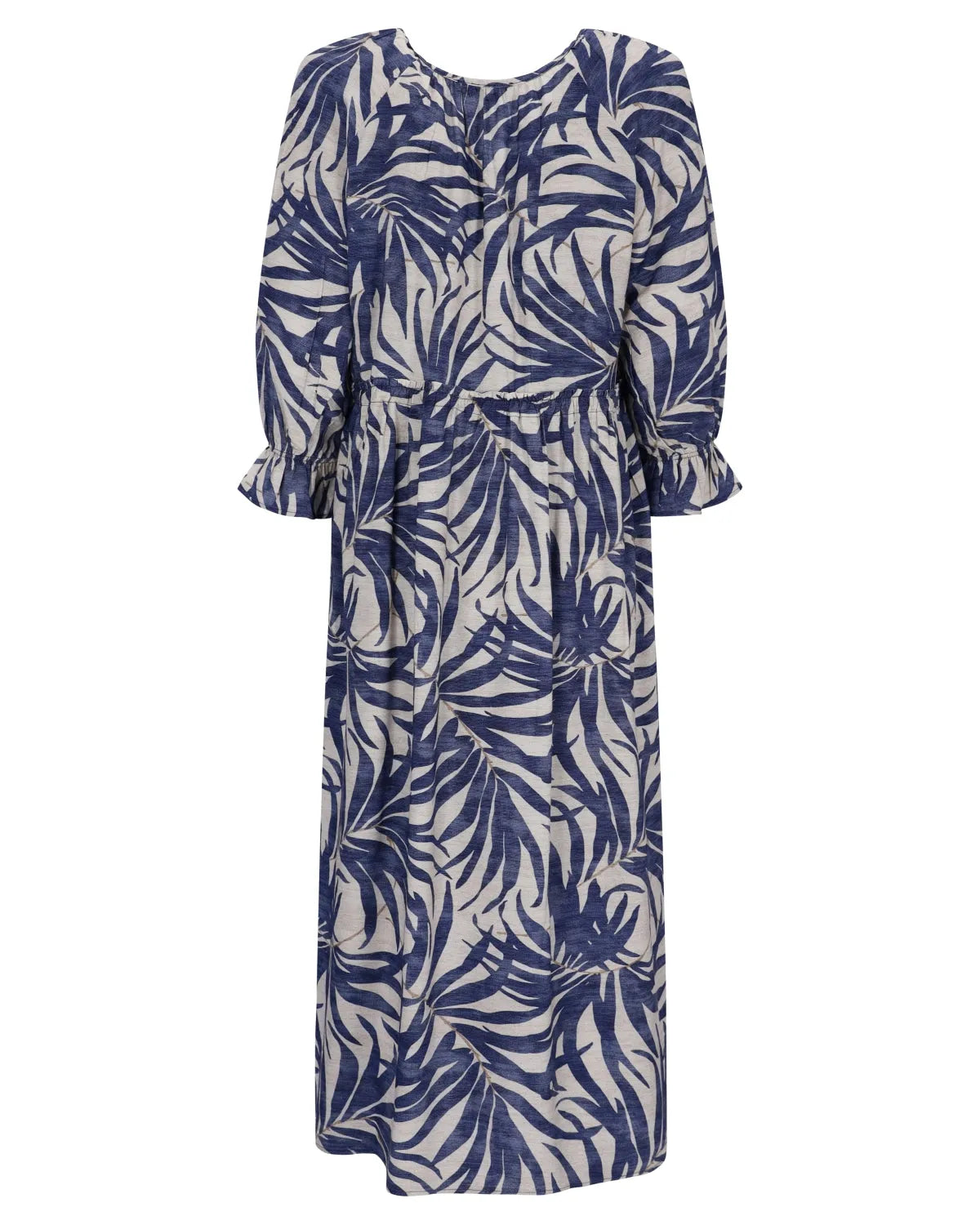 Blaues und weißes Kleid mit Palmenblattmuster und gerafften Ärmeln.