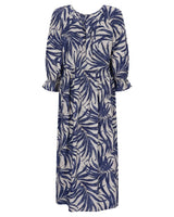Blaues und weißes Kleid mit Palmenblattmuster und gerafften Ärmeln.