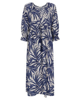 Blaues und weißes Kleid mit Palmenblattmuster und Glockenärmeln.