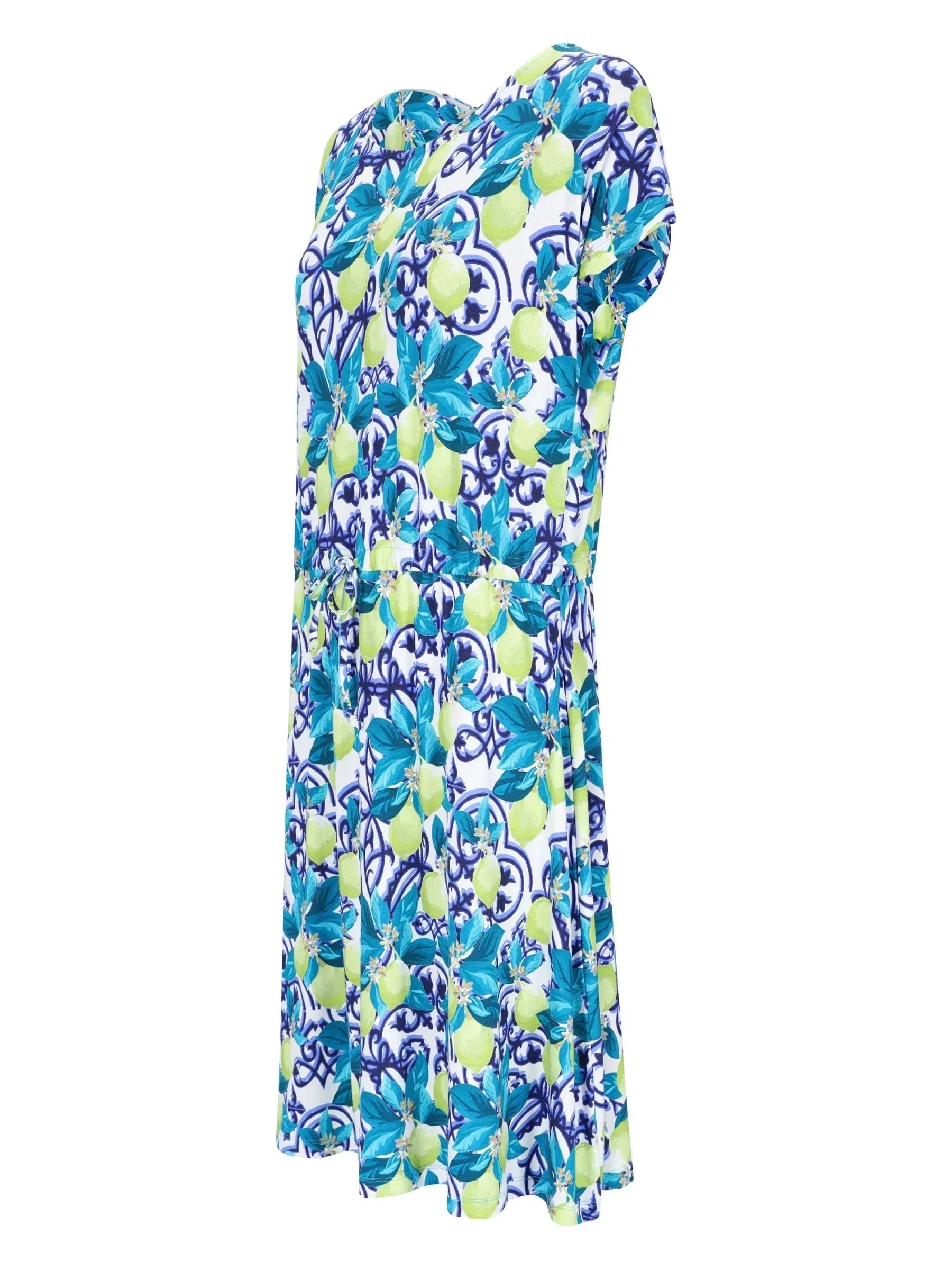 Kleid Jersey: knielanges Kleid mit türkisen Blumen und Limetten