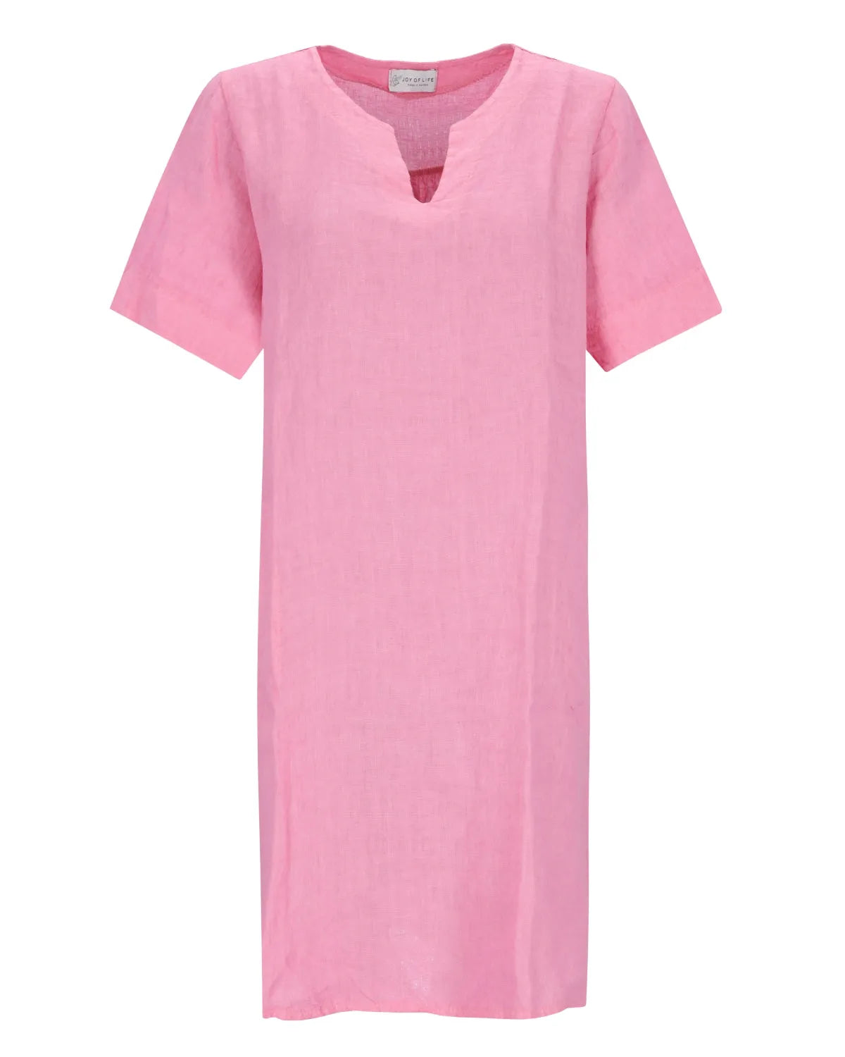 Rosafarbenes, kurzärmeliges Kleid mit V-Ausschnitt, schlichtes Design und glatter Stoff.