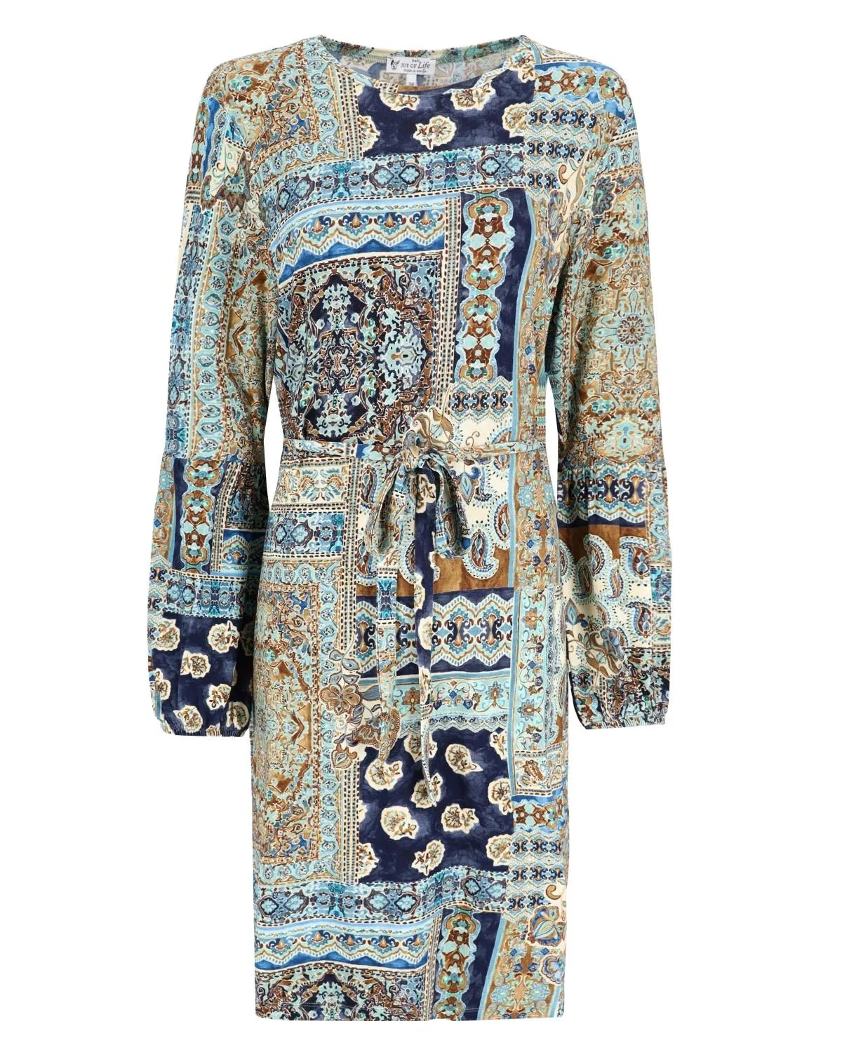 Blaues und beiges Patchwork-Kleid mit langen Ärmeln.