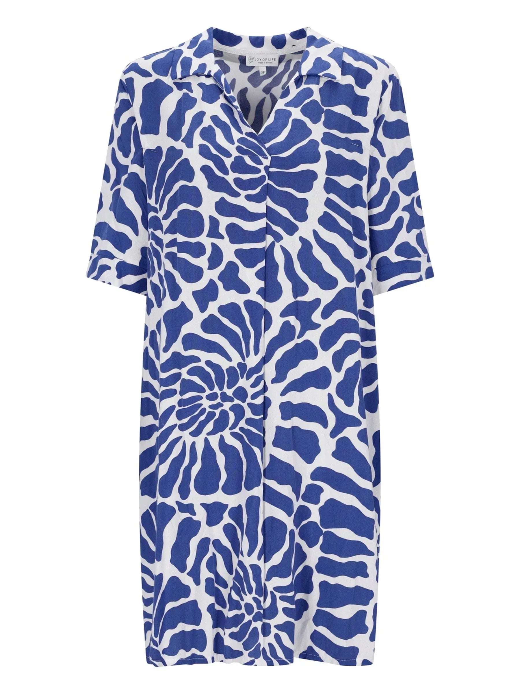 Kleid V-Neck 1/2 Arm: Blau-weiß gemustertes Hemdkleid mit V-Neck und Kragen