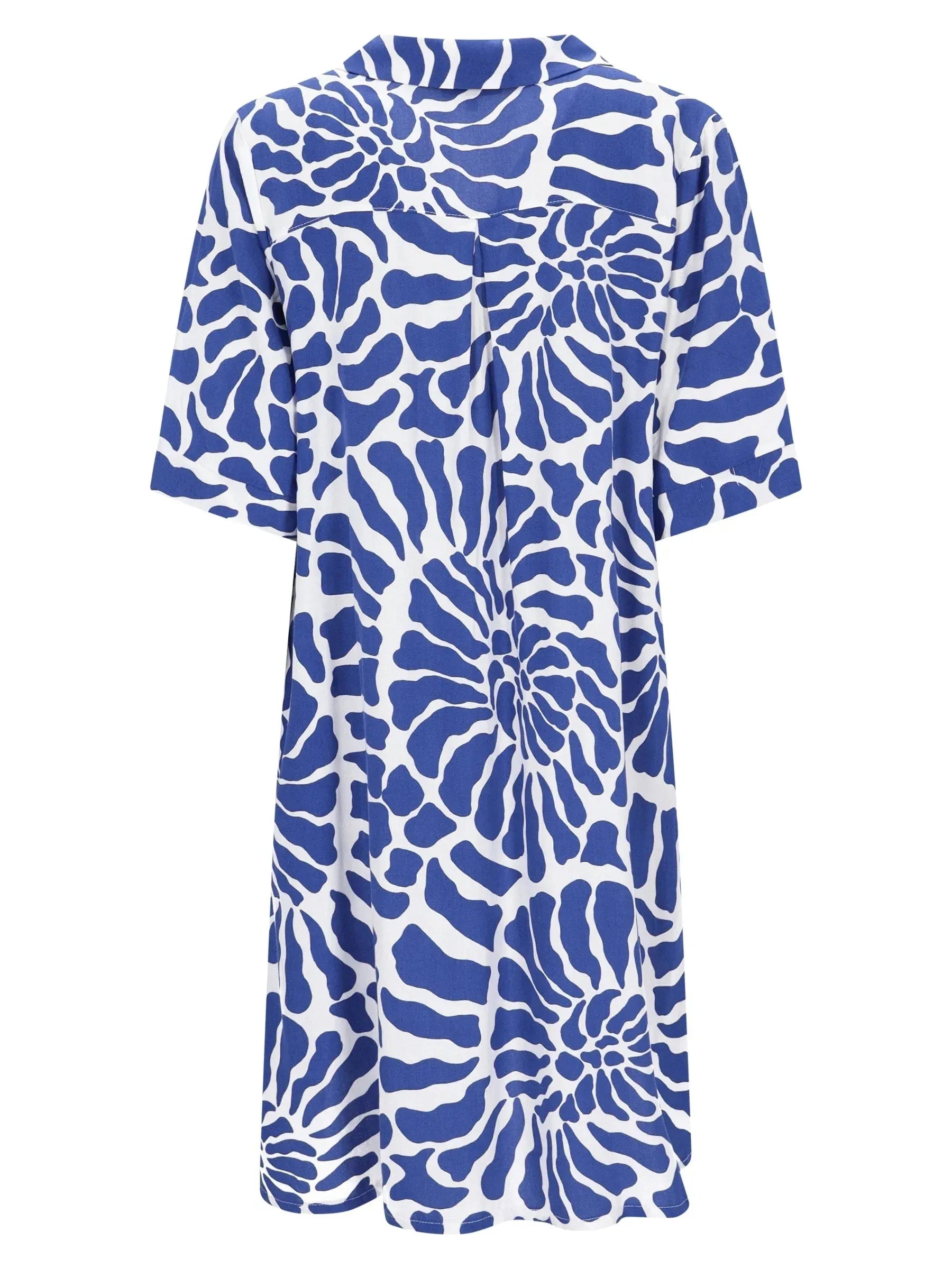 Kleid V-Neck 1/2 Arm: blaues-weißes Blumenmuster Kurzarm-Shirtkleid mit Kragen