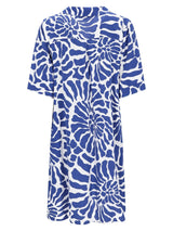 Kleid V-Neck 1/2 Arm: blaues-weißes Blumenmuster Kurzarm-Shirtkleid mit Kragen