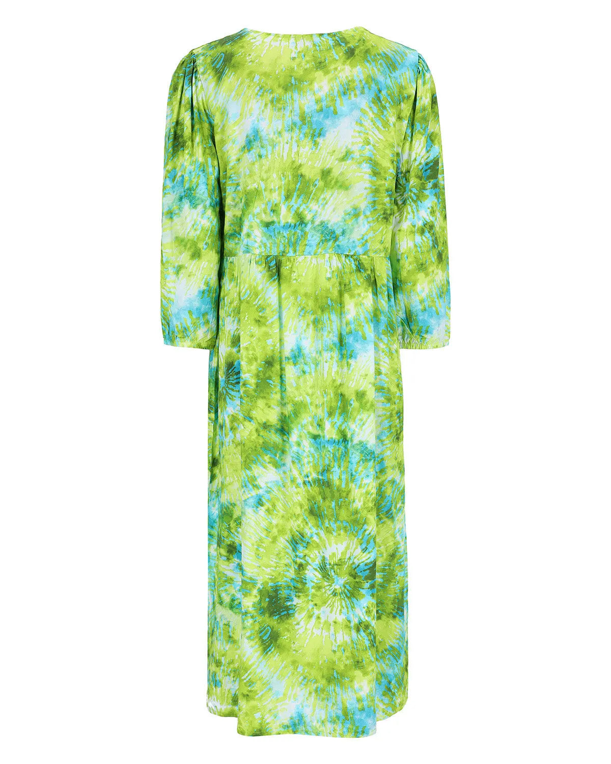 Grün und blau gefärbtes Maxikleid mit langen Ärmeln.