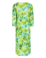 Grün und blau gefärbtes Maxikleid mit langen Ärmeln.