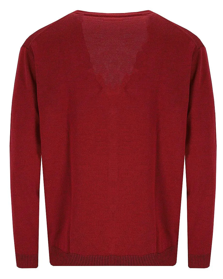 Roter Pullover mit V-Ausschnitt und langen Ärmeln.