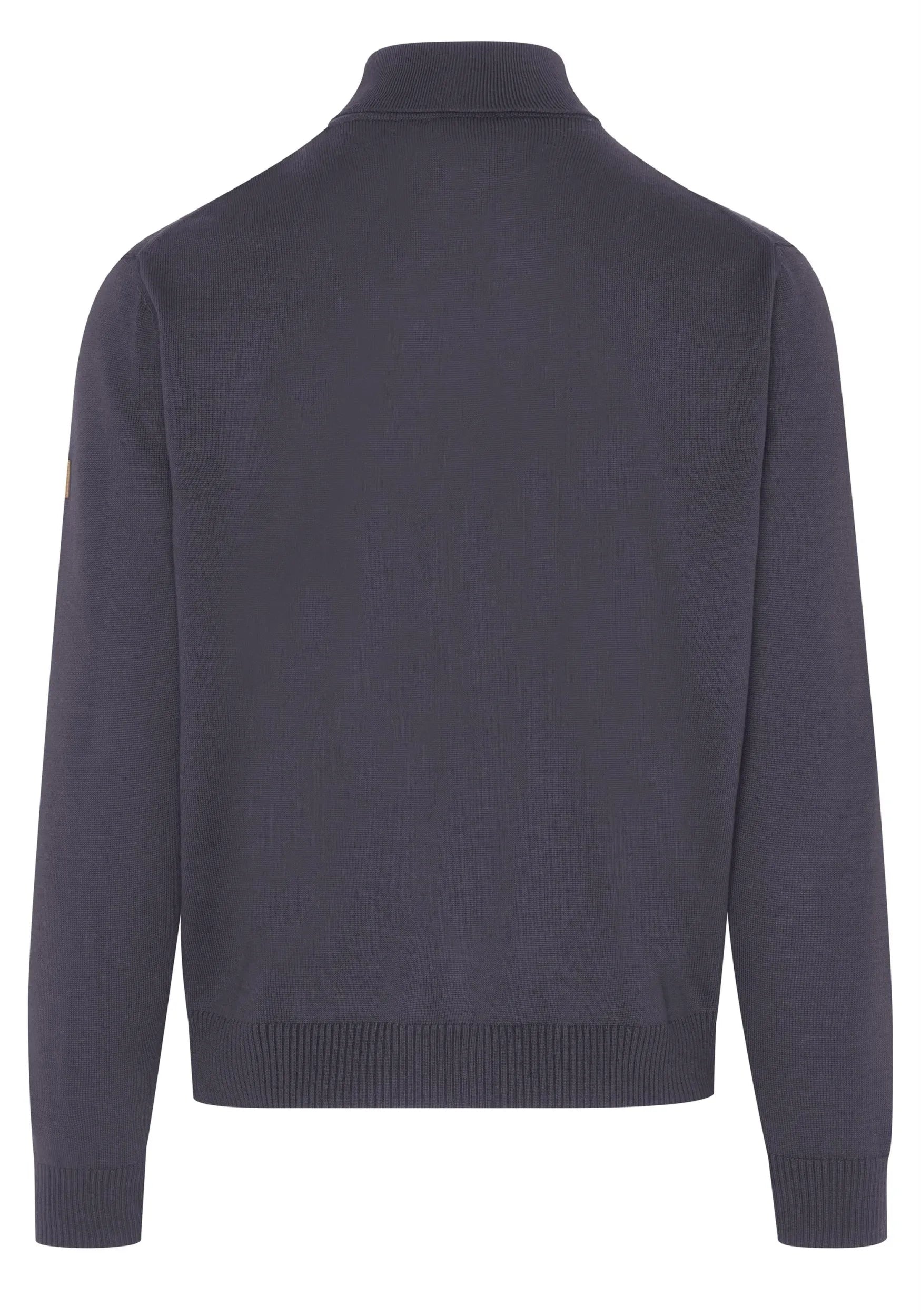Marineblauer Strickpulli mit Reißverschluss und Kragen.